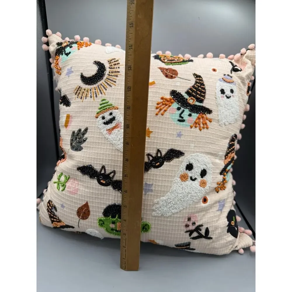 Halloween Beaded Embroidered Throw Pillow Ghost Witch Bat Pumpkin 14” Pom Pom